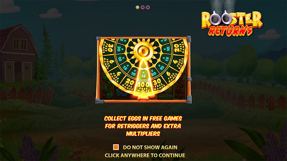Rooster Returns homepage with egg collection bonus wheel and multiplier feature preview.