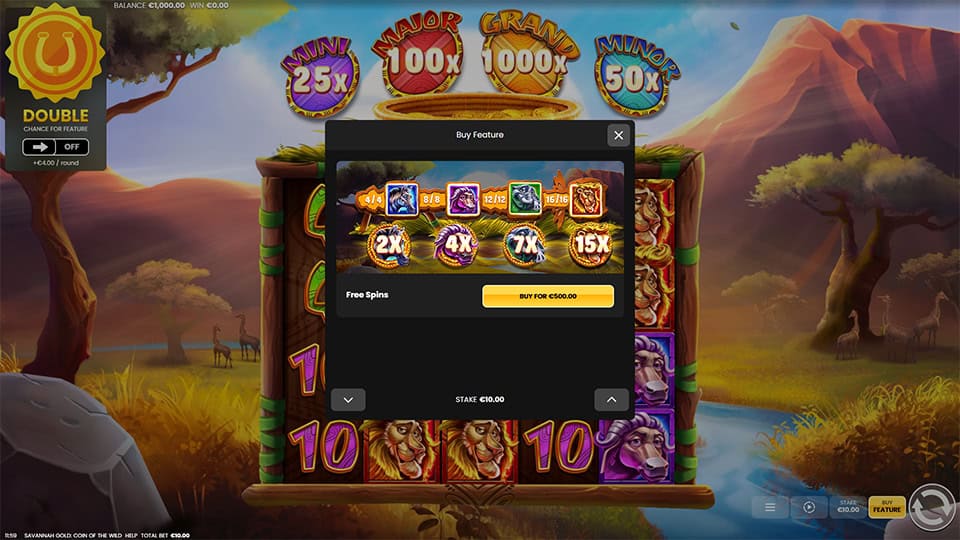 uy Feature menu overlay showing the symbols unlocking multipliers (2x–15x) and a Buy Free Spins option.