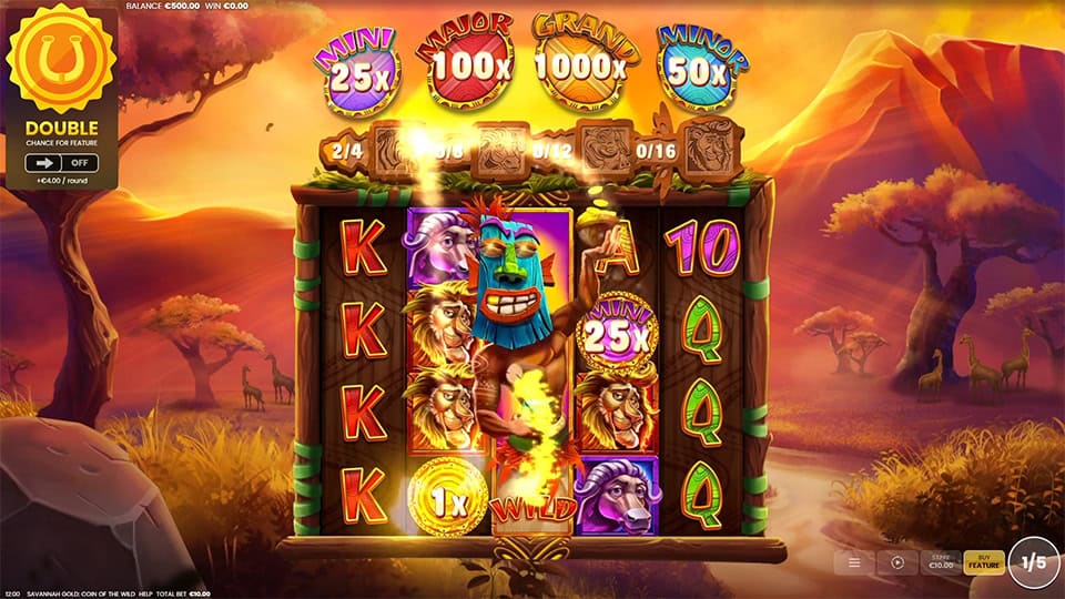 Slot reel showing a Mini 25x coin collected with wild symbols and multiple lion icons aligned across the reels.