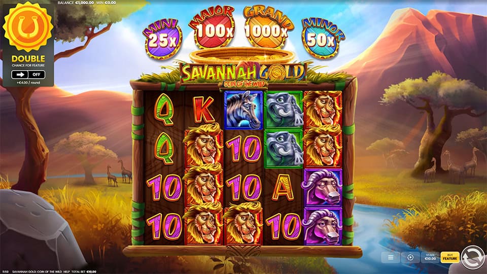 Demo gameplay screen of Savannah Legend slot with vibrant animal reels, jackpot tiers and bonus-ready features in a sunny savannah backdrop.