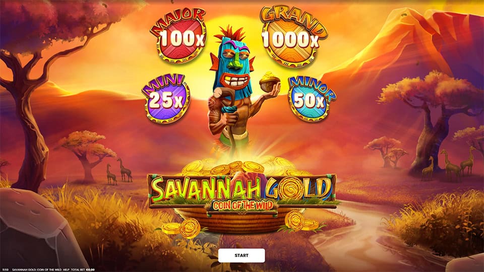 Slot screen showing animal symbols, wild coins and jackpot tiers (Mini 25x, Major 100x, Grand 1000x, Minor 50x) with a tribal mask character in an African savannah setting.