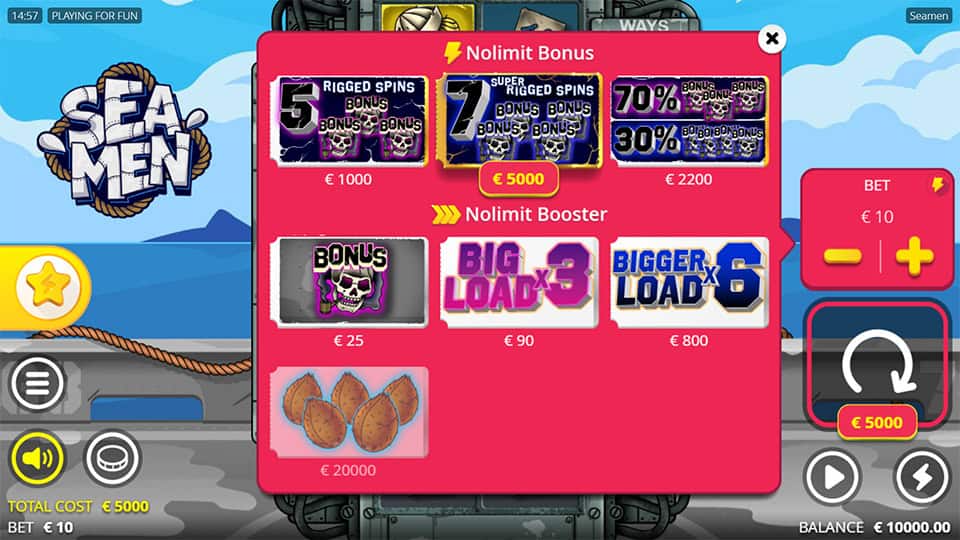 Buy menu with bonus spins and booster options shown in red panel including “Rigged Spins” and “Big Load x3”.