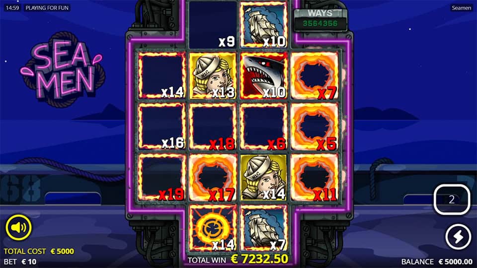 Nighttime grid with flaming reel borders and various multipliers including shark and sailor symbols.