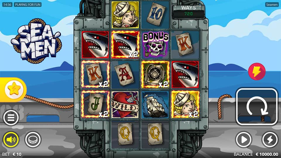 Cartoon-style reels with sharks, sailors, wilds and bonus skull symbols over a docked submarine.