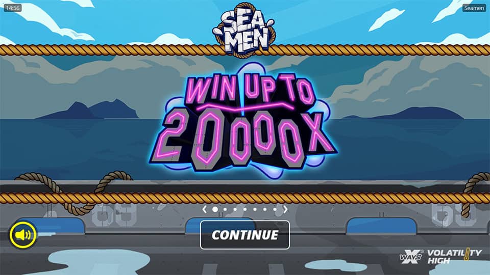 Intro screen showcasing Seamen logo and a large “Win up to 20,000x” sign over a calm sea backdrop.