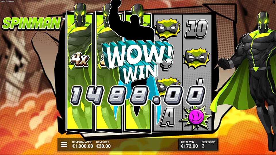 Winning screen in Spinman slot displaying a ‘WOW! WIN’ with 1,488.00 prize and superhero reels glowing in comic-style animation.