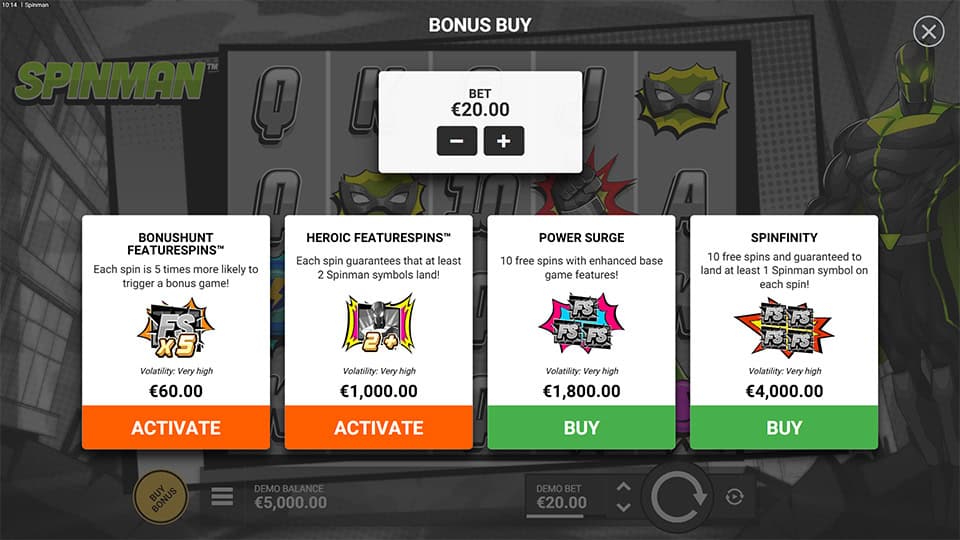 Bonus buy screen in Spinman offering four feature spins: Bonushunt, Heroic FeatureSpins, Power Surge and Spinfinity with respective costs and volatility levels.