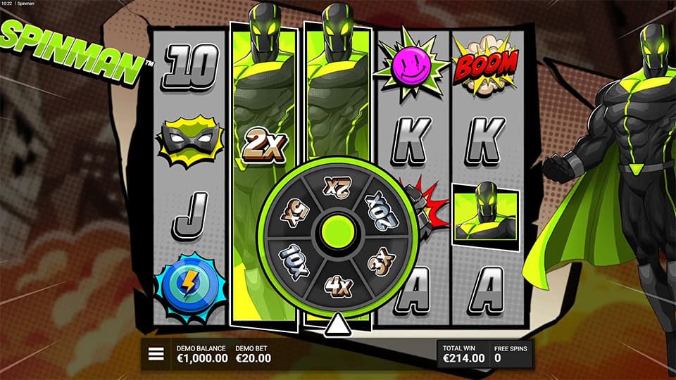 Spinman game screen showing the booster wheel with multipliers like x2, x4, x7 spinning in the center to enhance wins.