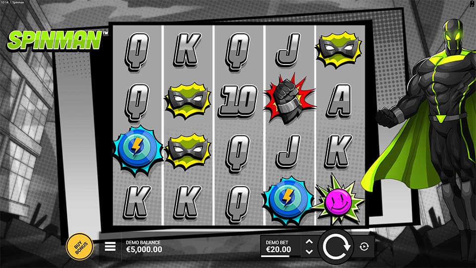 Main game screen of Spinman featuring comic-style graphics, superhero symbols and a base grid filled with wilds, masks and special icons.