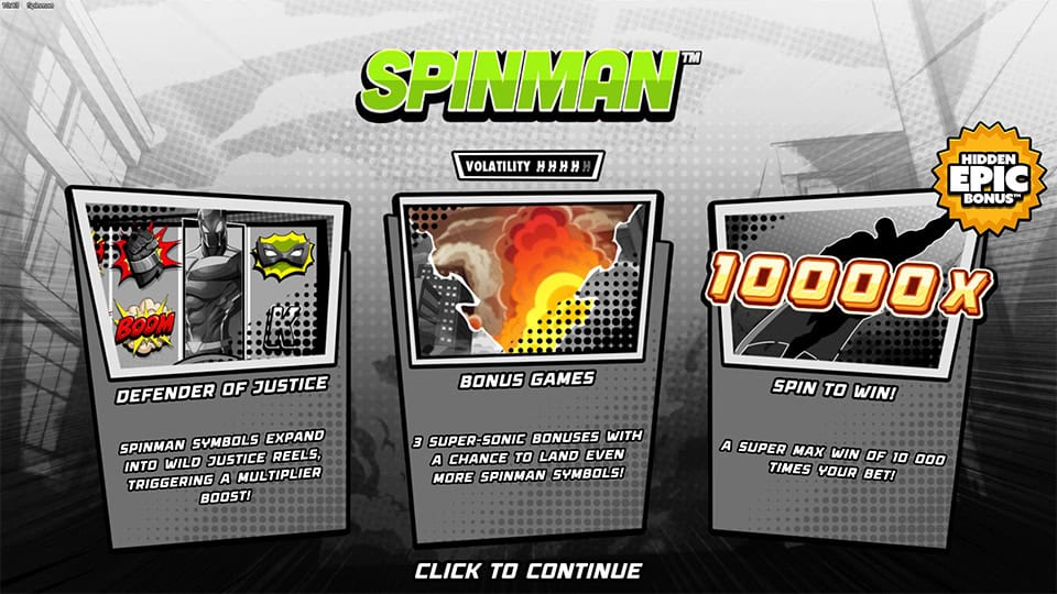 Introduction screen for Spinman highlighting key features such as wild Justice reels, bonus games and the chance to win up to 10,000x the bet.