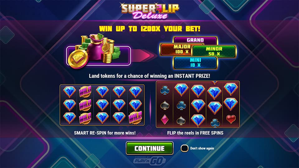 Welcome screen with game features like instant win tokens, free spins and jackpot levels.
