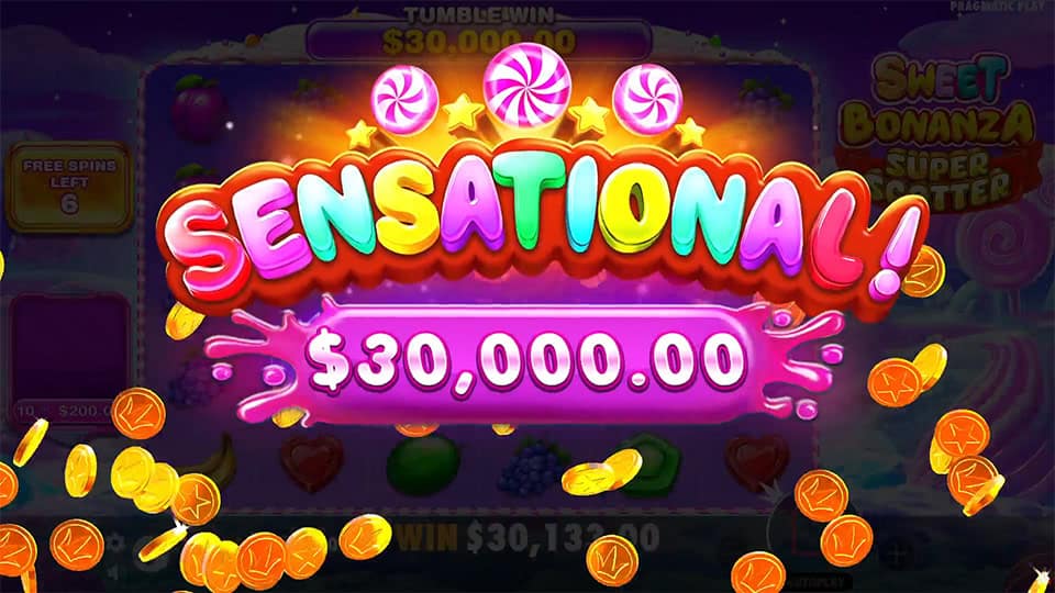 “Sensational!” win splash with lollipops, sparkles and golden coins flying.
