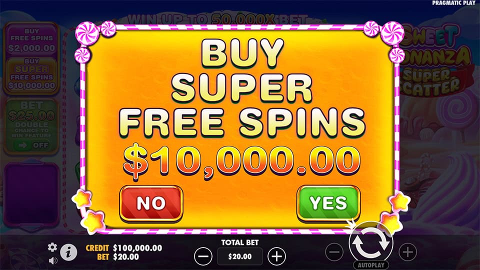 Pop-up screen with “Buy Super Free Spins” button in bright yellow and pink candy theme.