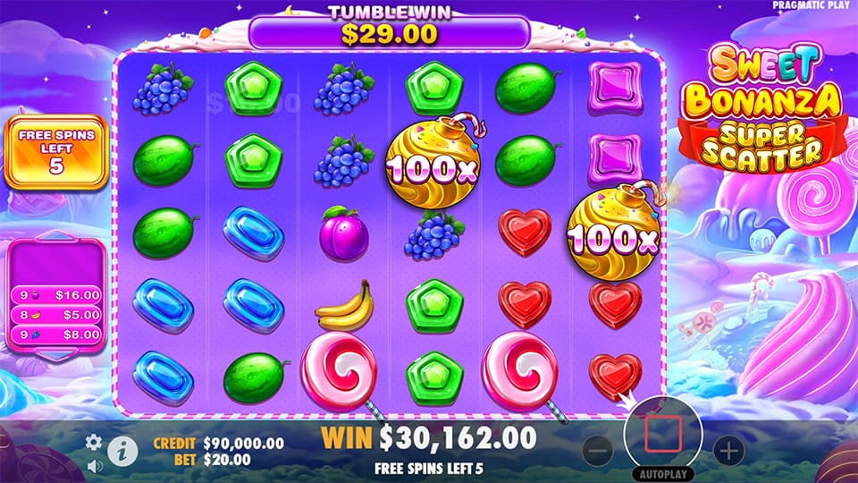 Two golden bomb multipliers showing 100x each during free spins with hearts and grapes on the reels.