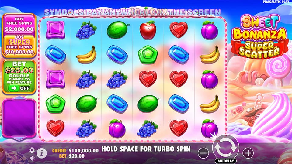 Game screen with colorful fruit and candy symbols on a 6x5 grid in a vibrant candyland setting.