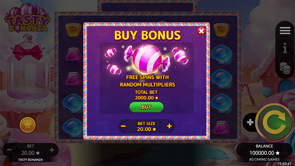 Bonus buy screen in Tasty Bonanza with a prompt to purchase free spins with random multipliers for a total bet of x100 the bet.