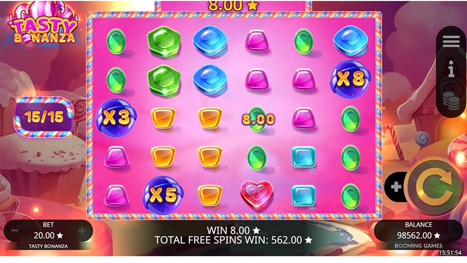 Free spins round in Tasty Bonanza showing multiplier candies like x3, x5 and x8 landing on the reels.