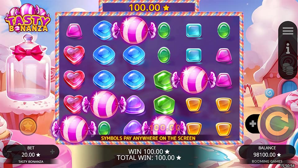 Bonus game trigger in Tasty Bonanza showing five large pink candies activating the free spins feature.