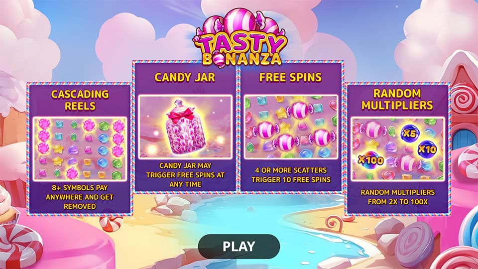 Tasty Bonanza homepage screen introducing features like Cascading Reels, Candy Jar, free spins and Random Multipliers.
