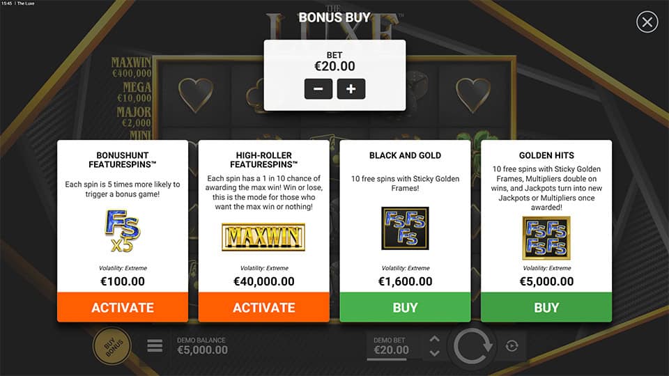 Bonus buy menu offering four feature spins with different volatility levels and rewards.