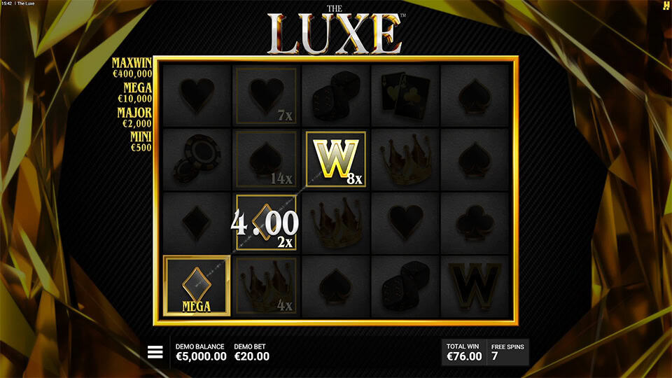 Highlighted MEGA jackpot in golden frame with multipliers and Luxe symbols on screen.