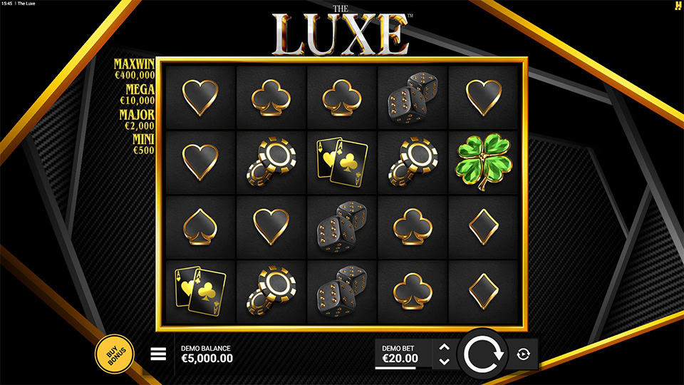 Slot grid with golden clover, poker chips and cards on a black and gold interface.