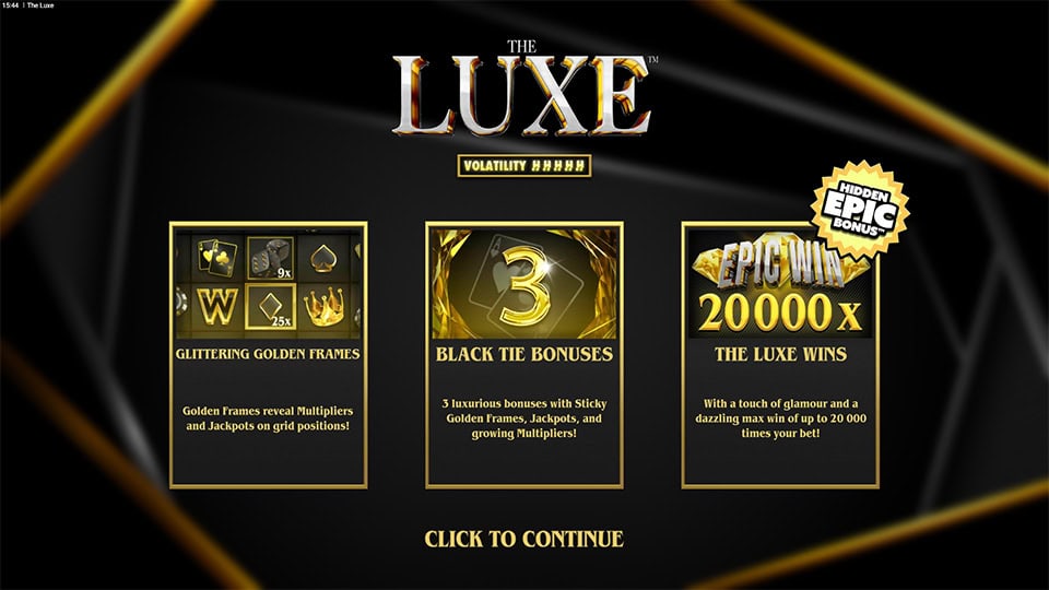 Intro screen with details on Luxe features like multipliers, golden frames and max win of 20,000x.