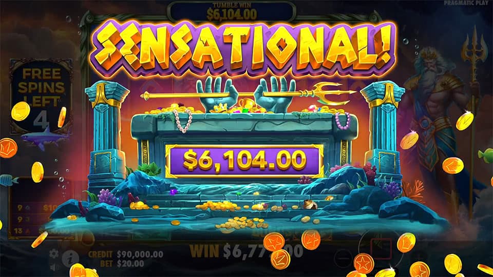 $6,104.00 win with treasure-filled altar and gold coins flying across deep-sea temple.