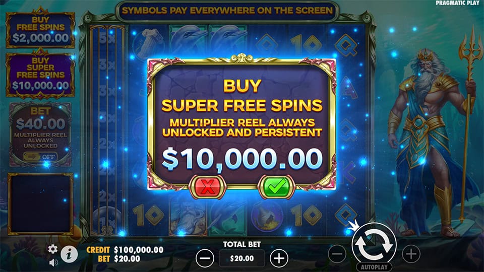 Buy Super Free Spins with persistent multiplier reel feature menu.