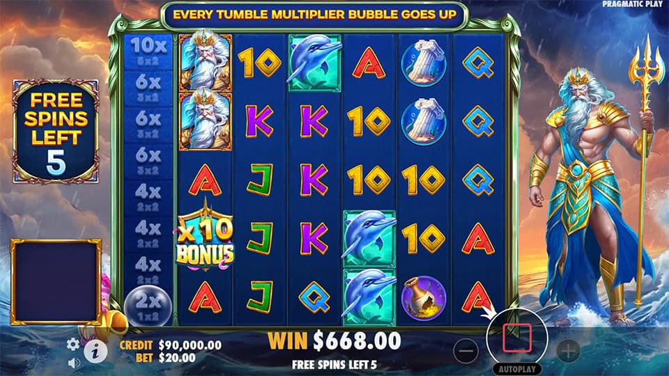 Free spins round with x10 multiplier bubbles rising and stacked Poseidon symbols landing.