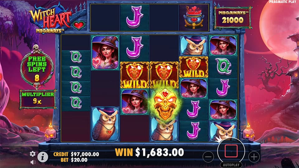 Witch Heart Megaways showing heart-shaped wild symbols exploding and substituting other icons during free spins.