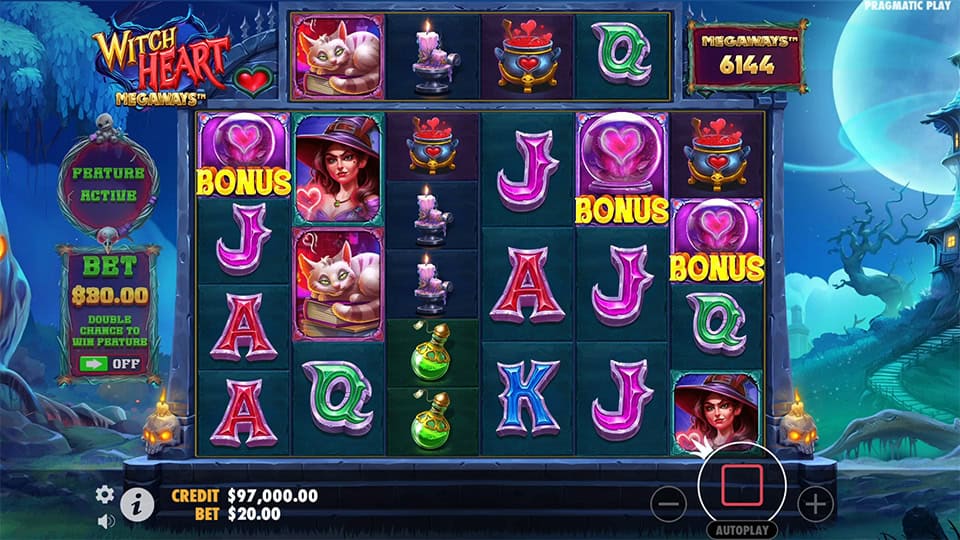 Witch Heart Megaways base game with three bonus scatter symbols across the reels, triggering the free spins feature.