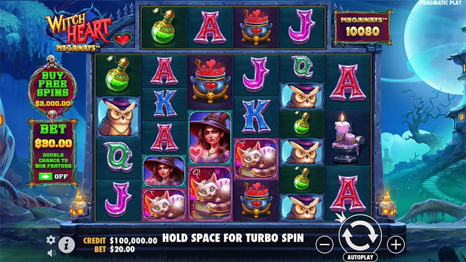 Witch Heart Megaways base game screen with colorful symbols like cats, potions and spell books on a 6-reel layout.