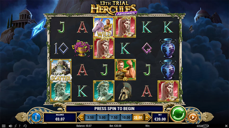 Main reels with Greek-themed symbols like Hercules, vases, wild unicorns and scatter temples, ready for a spin.