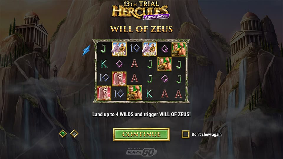 Intro screen explaining the Will of Zeus feature, with reels and up to 4 wilds shown against ancient temple cliffs.