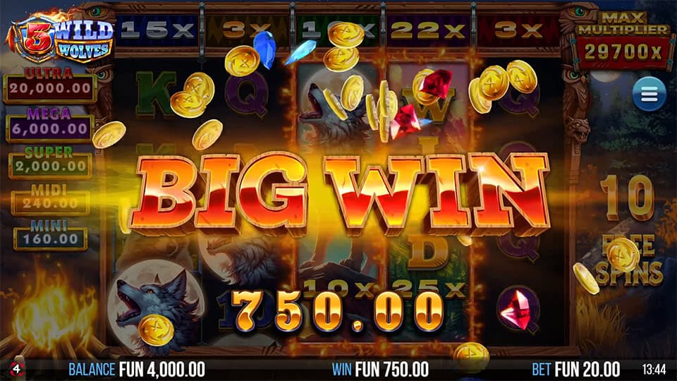 Big Win message with coins and gems flying over wolf-themed reels and stacked multipliers.