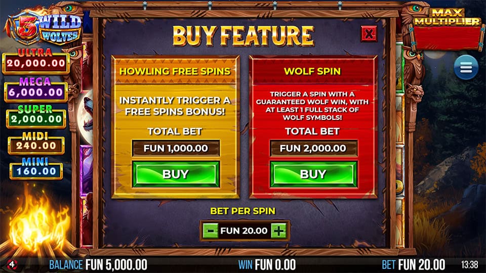 Feature buy screen offering Howling Free Spins and Wolf Spin with bet settings displayed.