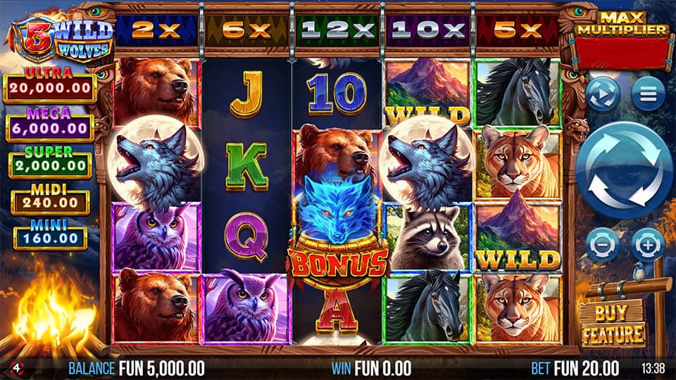Slot reels filled with animals like bears, cougars, wolves and wild symbols with visible multipliers.
