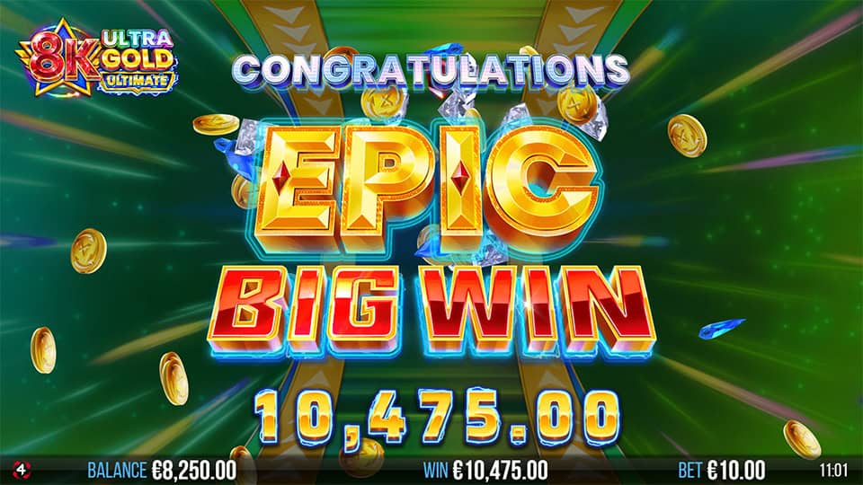 Epic Big Win with bright gold and red letters, surrounded by coins and light beams.