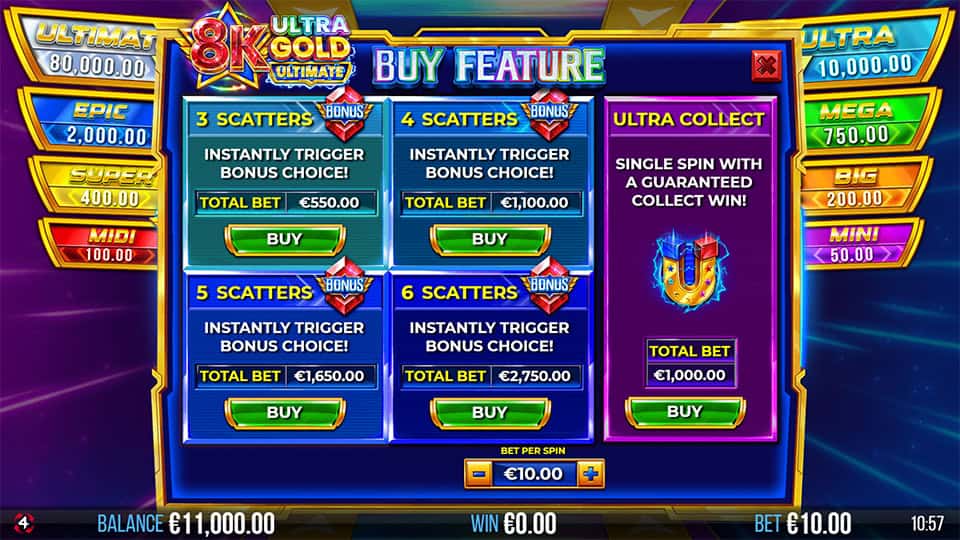 Bonus buy menu with selectable options for 3 to 6 scatters and guaranteed Ultra Collect spin.