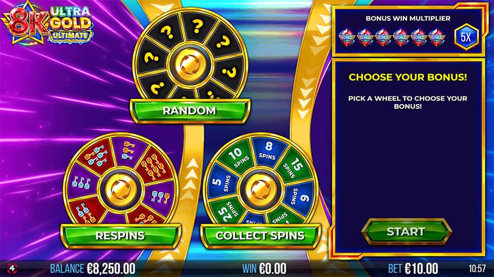 Bonus feature selection wheels for random, respins and collect spins, offering varied bonus modes.
