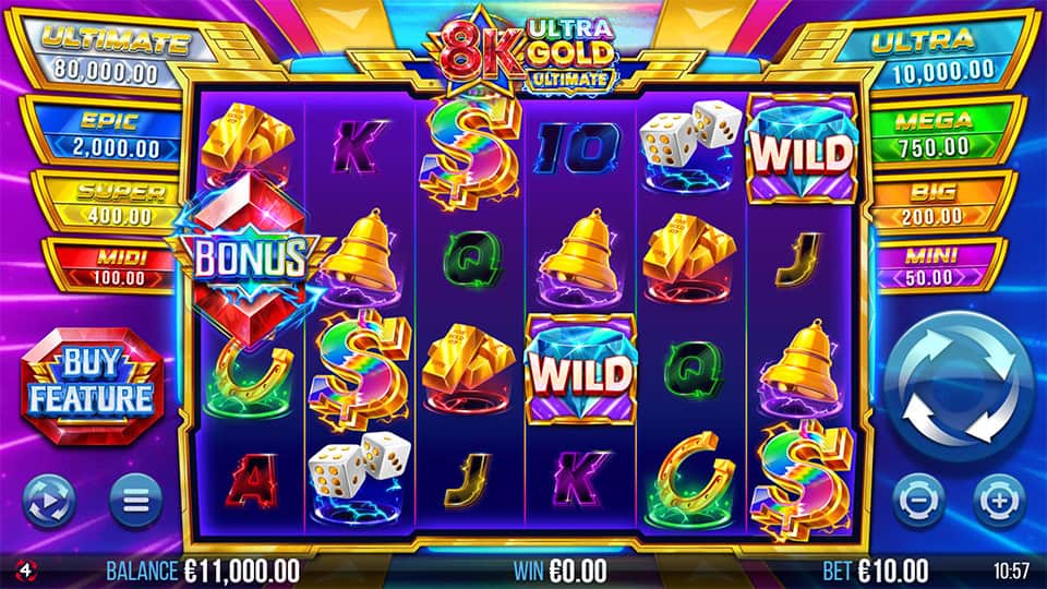 Slot screen featuring colorful reels with bonus symbols, wilds, gold bars and gem-styled letters.