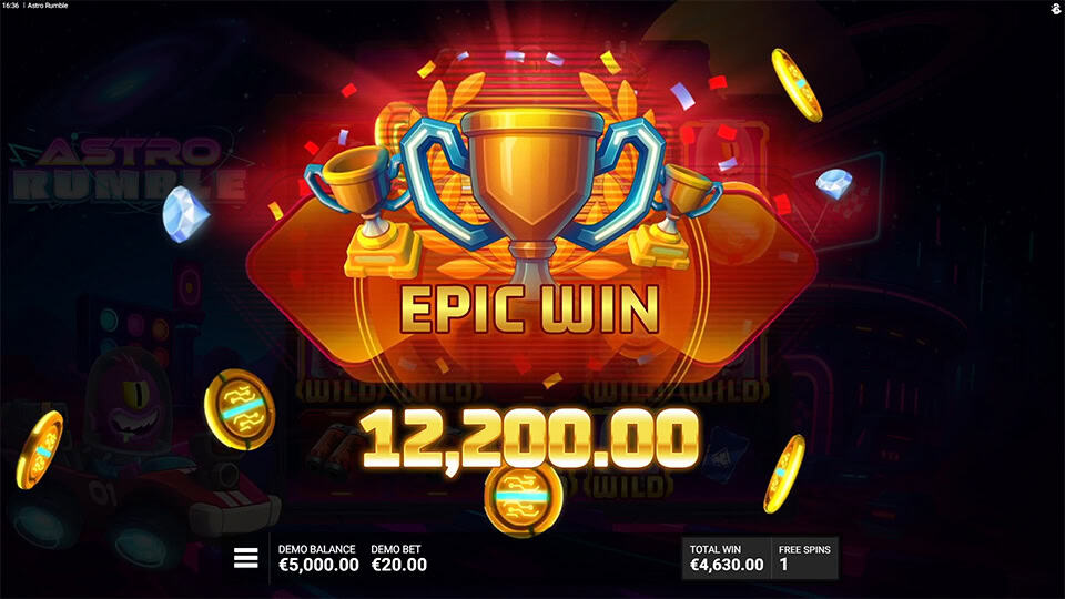 Epic Win display with golden trophies, glowing coins and confetti in deep space.