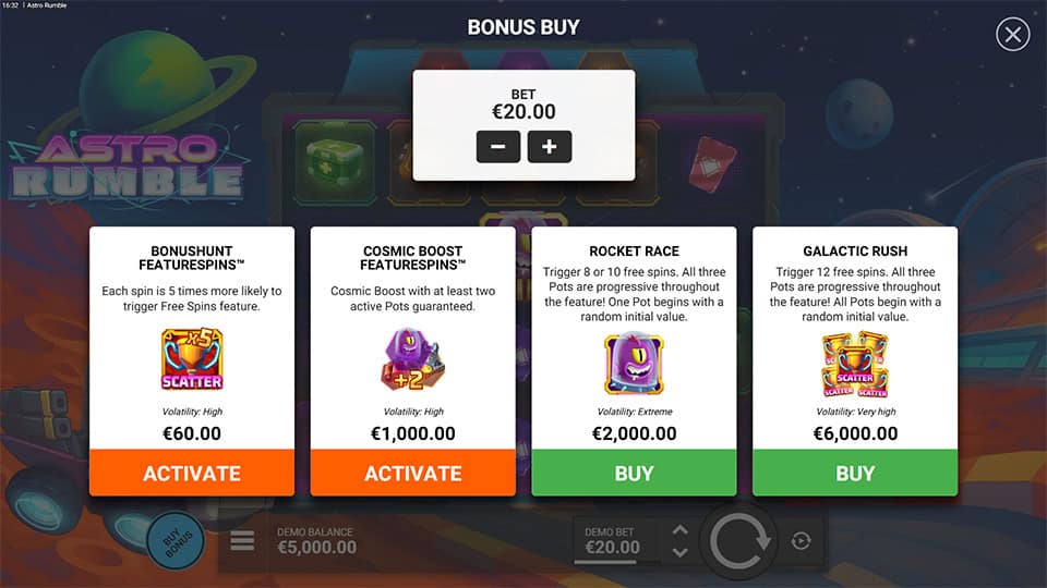 Bonus buy screen with four spin features including Cosmic Boost, Rocket Race and Galactic Rush.