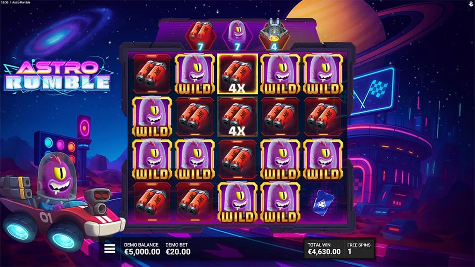 Full reels stacked with wilds, nitro tanks and multiplier indicators in a race-themed setup.