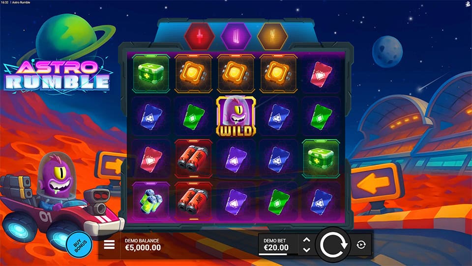 Grid with alien tech symbols, wilds, batteries and colorful cubes in a space racetrack setting.