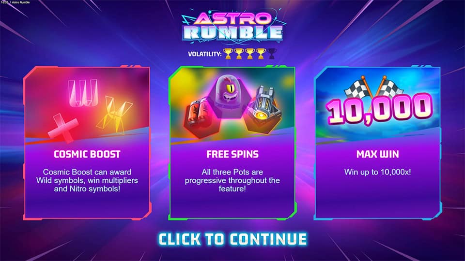 Intro screen showing max win, cosmic boost and free spins with pot features.