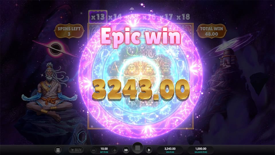 Glowing circular animation with “Epic Win” text and a bearded guru floating on the side of a cosmic mountain.