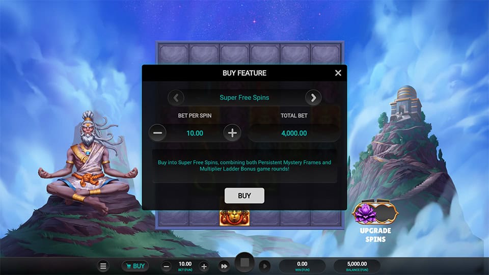 Buy menu displaying Super Free Spins option with bet settings, next to the slot grid and Upgrade Spins icon.