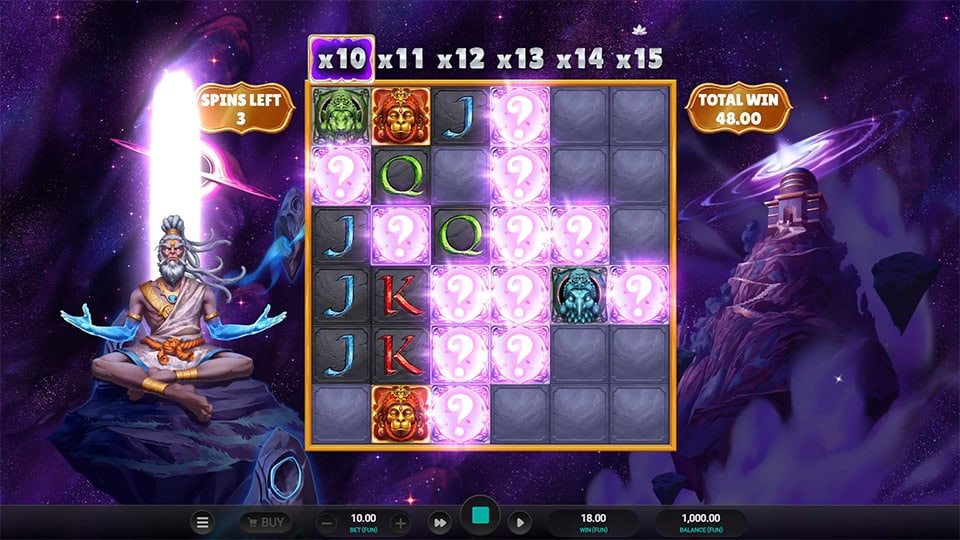 Multiple purple question mark tiles cover the grid as part of a special feature, with active multiplier bar.